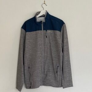 Orvis Mens XL Full Zip Fleece Jacket Grey Navy Blue Classic Collection Sweater